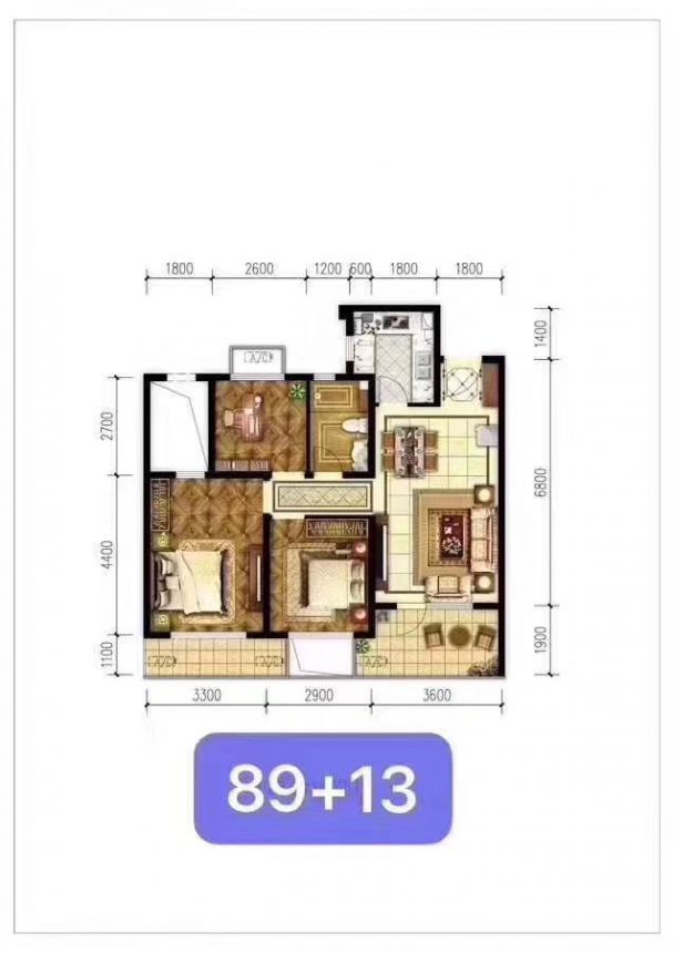 牛驼温泉孔雀城三室两厅一卫89+13平米户型图